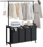 4-Section Rolling Laundry Sorter Cart with Hanging Rod & Utility Shelf, Large Capacity Lockable Wheels Laundry Hamper Basket Organizer for Laundry Room, Bathroom, Bedroom - Rustic Black