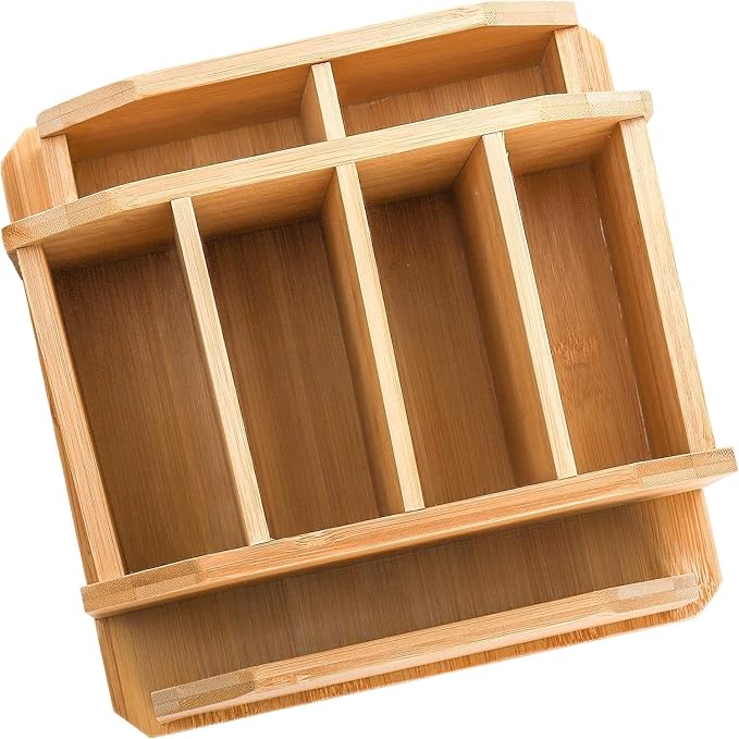 yarlung Bamboo Rotating Remote Control Holder for Table, 7 Compartments Office Supplies Organizer 360° Spinning Desktop Storage Caddy for Pen, Colored Pencil, Book Sewer, Sticky Notes