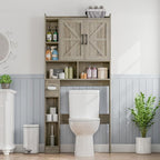 Over The Toilet Storage Cabinet, Farmhouse Storage Cabinet Over Toilet with 2 Barn Door & Toilet Paper Holder Stand, Home Space-Saving Rack, for Bathroom, Restroom (Grey).