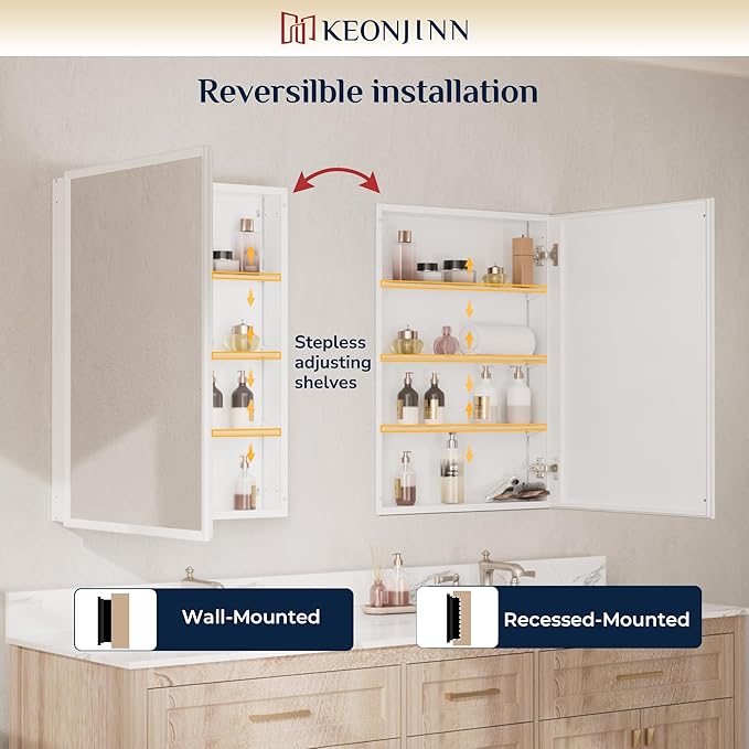 Keonjinn Medicine Cabinet Mirror 30" x 26", Assembly Needed, White Bathroom Mirror with Storage, Beveled Aluminum Frame, Stepless Adjustable Shelves, Surface Mount or in Wall