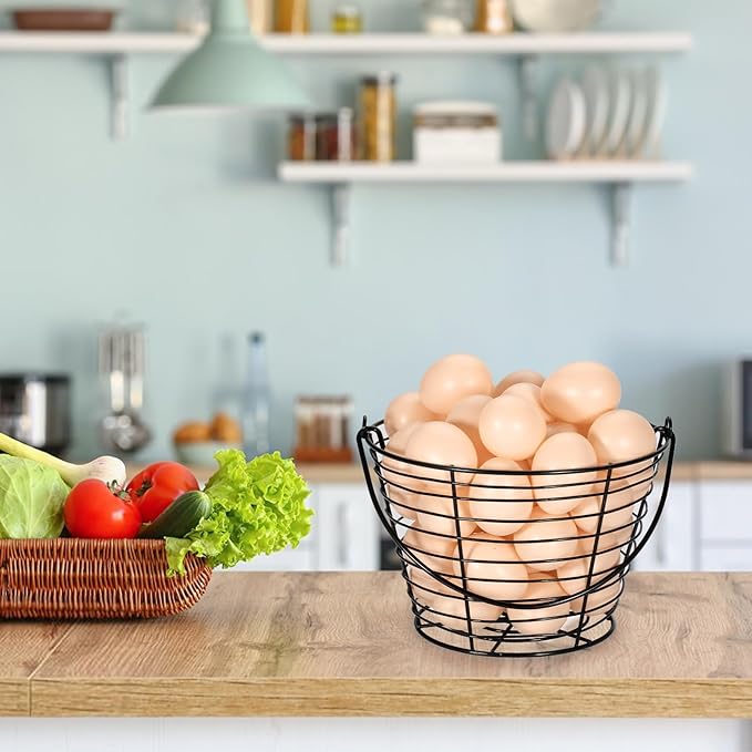 3 PCS 8" Black Round Wire Egg Baskets With Handle, Small Metal Egg Collecting Basket for Gathering Fresh Eggs, Chicken and Duck Eggs Hunting Basket Egg Holder Countertop