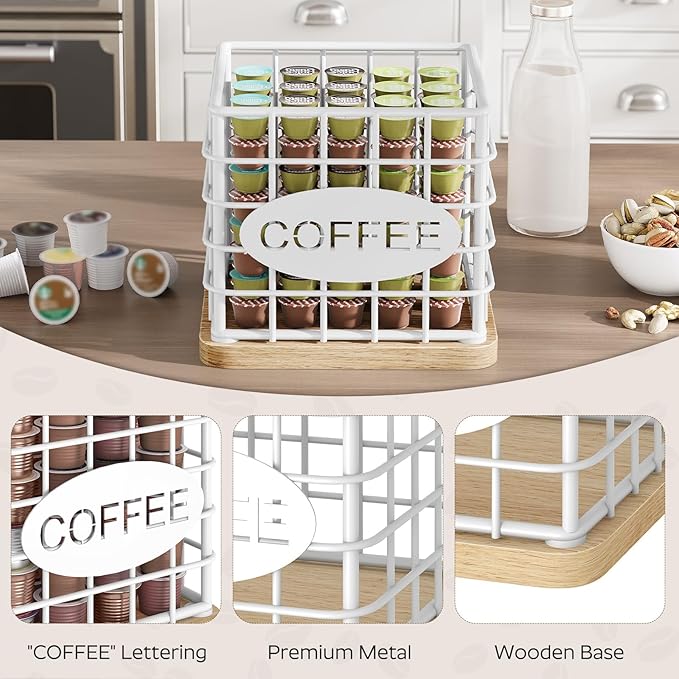 Coffee Pod Holder for K Cup, Large Capacity Coffee Pod Organizer, Versatile Coffee Capsule Storage Basket with Wooden Base, White KH10WN
