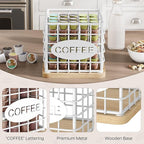 Coffee Pod Holder for K Cup, Large Capacity Coffee Pod Organizer, Versatile Coffee Capsule Storage Basket with Wooden Base, White KH10WN