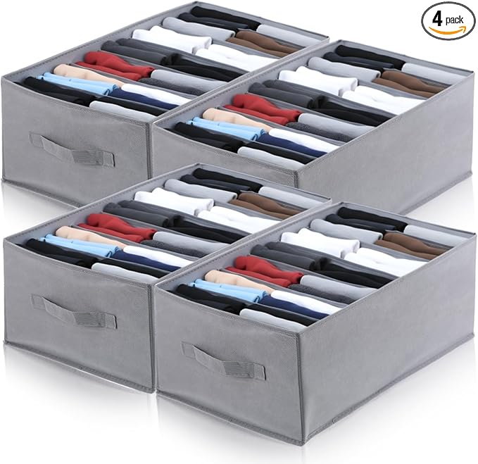 4 PCS Jean Organizer for Closet, 7 Grids Foldable Wardrobe Clothes Organizer, Stackable Fabric Closet Organizers and Storage for T Shirt Jean Sweater Shirt Pants