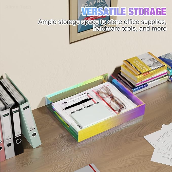 Acrylic Letter Tray, Iridescent Letter Organizer Storage A4 Paper File Tray Accessory Tray Single-Tier Desktop Document Holder with Non-Slip Rubber Pads and Stackable for Office and Home Use
