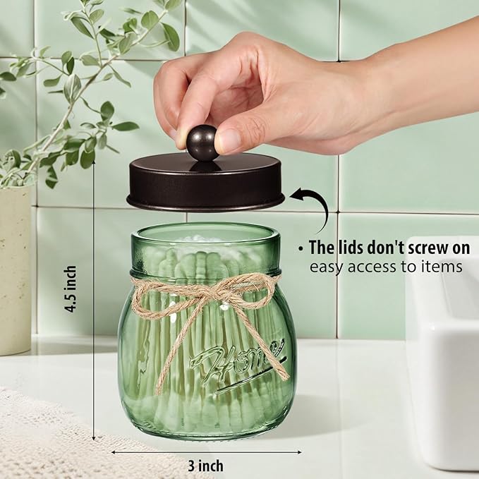 SheeChung Green Glass Qtip Holder Dispenser, Mason Jar Apothecary Jars with Lids, Bathroom Organizers and Storage, Vanity Countertop Canisters Set for Cotton Swab, Ball, Pad, Floss Pick-Bronze, 3 Pack