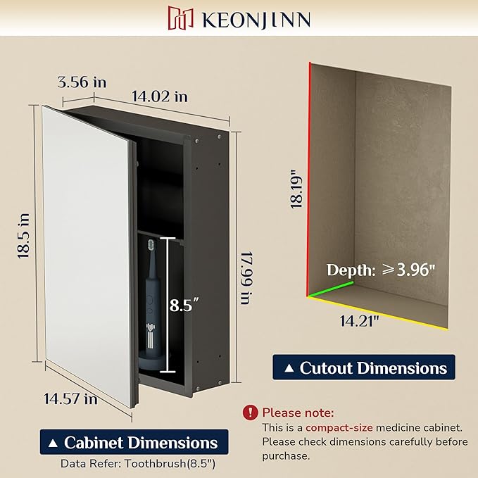 Keonjinn Black Medicine Cabinet 14 x 18 Inch, Assembly Needed, Small Bathroom Mirrored Medicine Cabinet, Lightweight, One Shelf Only, Freely Adjustable Shelves, Recessed or Wall Mount, Tempered Glass