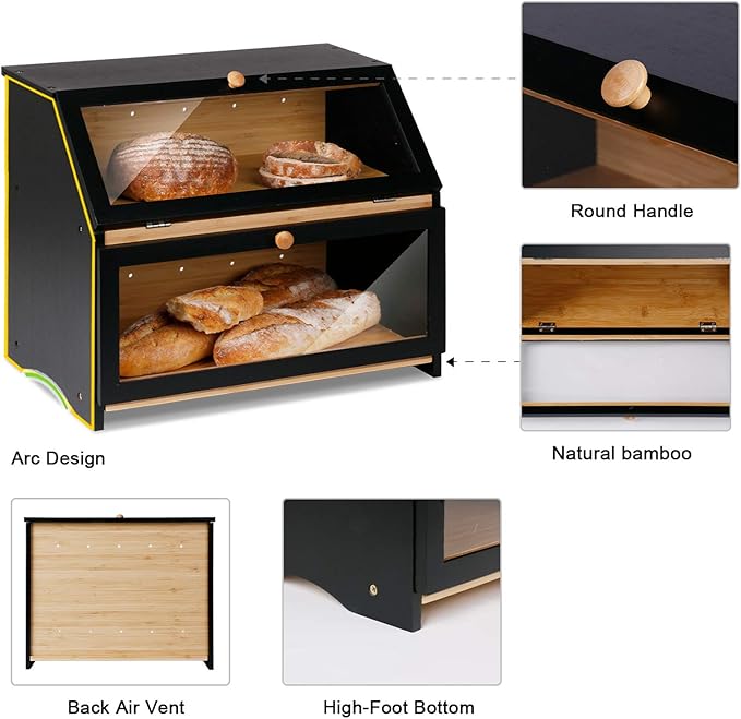 HOMEKOKO Double Layer Large Bread Box for Kitchen Counter, Wooden Large Capacity Bread Storage Bin (Black)