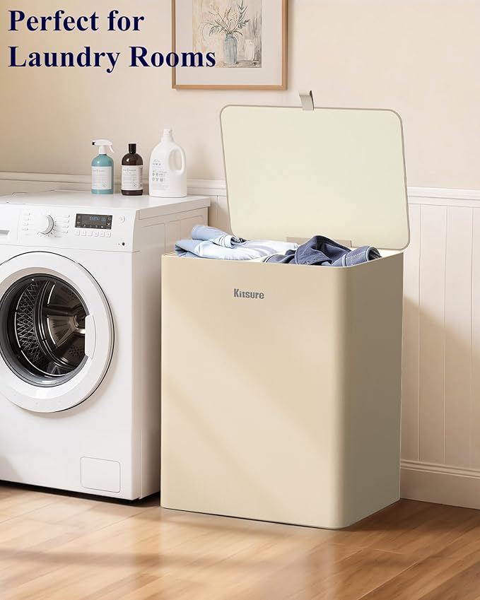 Kitsure Laundry Basket 95L – Large Laundry Hamper with Lid, 2-Compartment Divided Clothes Sorter with Removable Hamper Bags, Beige Organizer for Laundry Room, Bathroom & Bedroom, 22.2" x 16" x 27.4"