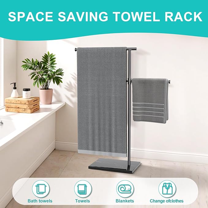 Free Standing Towel Rack for Bathroom with Weighted Marble Base, 40 Inch Adjustable Height and 360° Swivel Bar, Taller Rustproof 304 Stainless Steel Floor Towel Stand for Bathtub, Pool and Spa