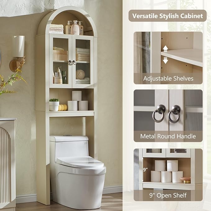 Arched Over The Toilet Storage Cabinet with Acrylic Doors, Modern Over Toilet Bathroom Organizer Shelf, Small Wooden Bathroom Storage Cabinet with Adjustable Shelf, Space Saver, Cream