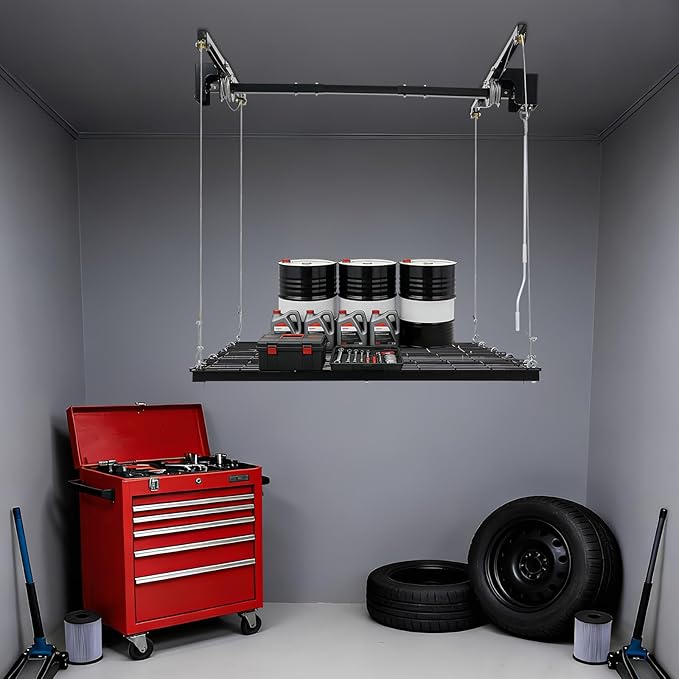 Overhead Garage Storage Rack, 48 * 48in Metal Garage Ceiling Rack Adjustable Organization System 300 Lbs Capacity Dual-Rope Design Riveted Construction Perforated Plates Smooth Edge