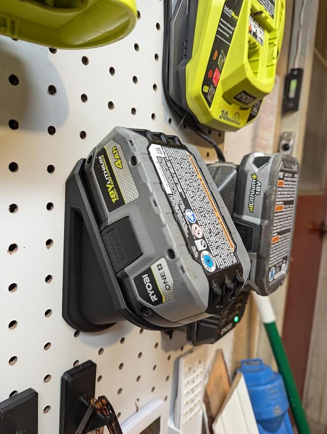 18v Battery Peg Board Storage - Compatible Mount for RYOBI®, DEWALT®, Milwaukee® - Display Shelf - Store Slots - Multicolored (RYOBI®, Red)