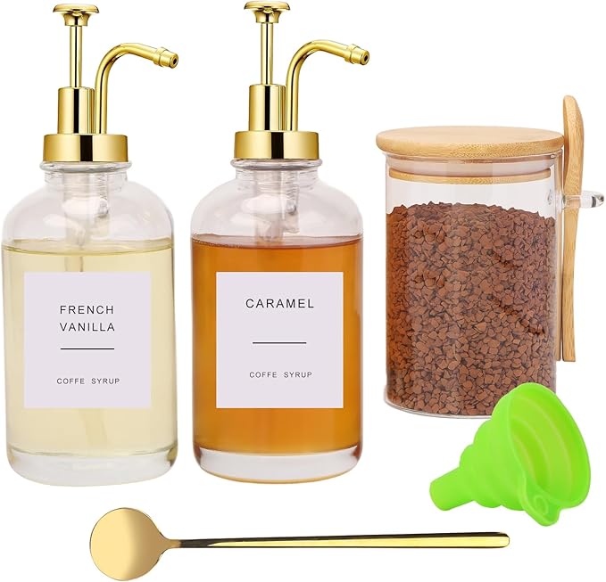 Coffee Bar Accessories, Coffee Syrup Dispenser-2 Pcs16.9 oz, Syrup Pump Dispenser for Coffee Bar, with Glass Bamboo Lid Jar with Spoon, Gold Pump Syrup Dispenser with Labels