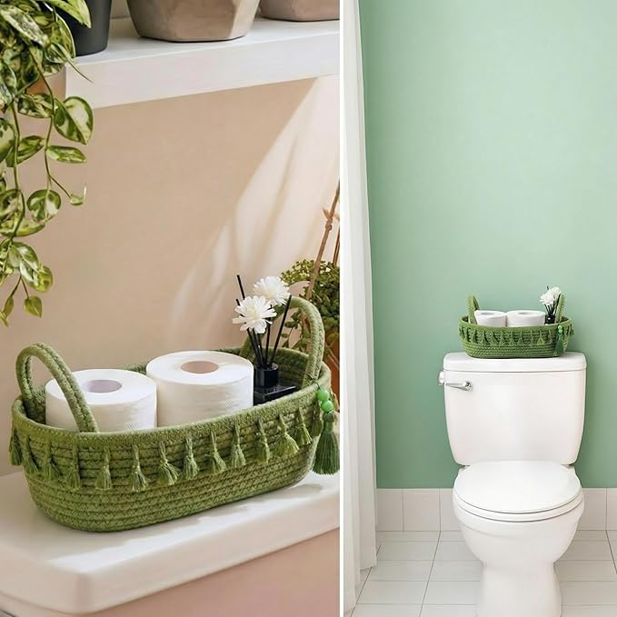 Green Toilet Paper Basket Decorative Boho Cotton Rope Storage Basket Gift Empty Woven Bins with Handle Tassel for Toilet Tank Bathroom Accessories Organizer Decor Countertop Shelf Holder
