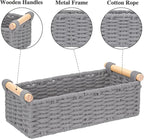 Boho Cotton Rope Storage Baskets Set of 2, Woven Wicker Organizer Bins with Wooden Handles, Small Decorative Boxes for Organizing, Toilet Paper Baskets for Bathroom Countertop, Shelves (Gray 2 Pack)
