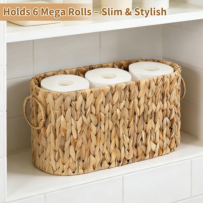 Toilet Paper Storage Basket, Water Hyacinth Slim Toilet Paper Holder - Holds Up to 6 Mega Rolls, Wicker Basket for Bathroom Organization, Natural