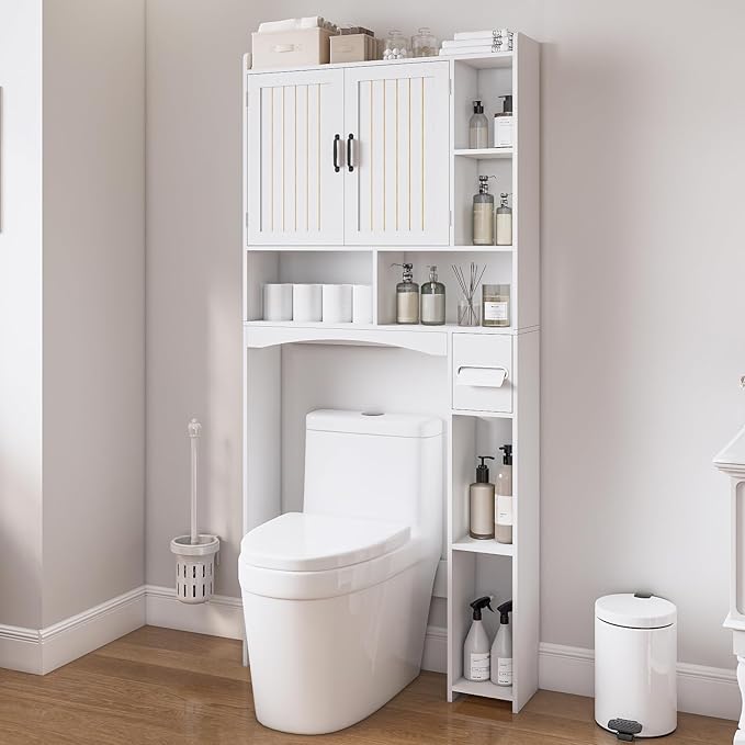 Over The Toilet Storage Cabinet, Over Toilet Bathroom Organizer, Bathroom Storage cabinets with Anti Tipping Devices, Storage cabinets with Toilet Paper Holders, for Bathroom, Laundr（White）