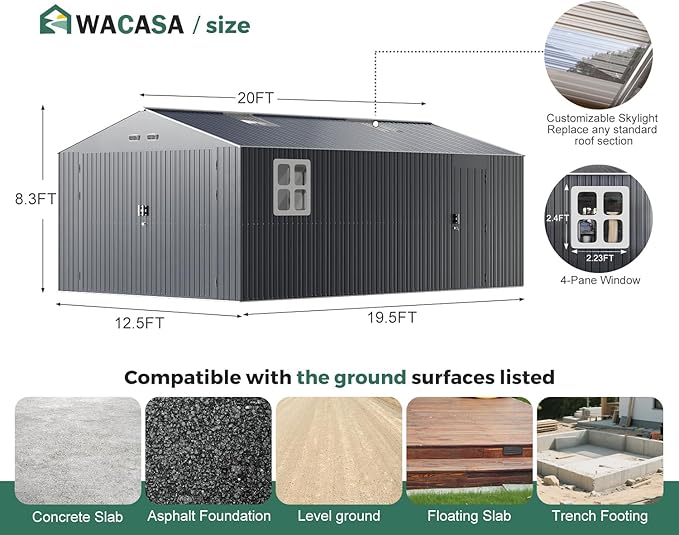 WACASA 13x20x8.3 FT Large Metal Garage Shed with Base Floor Kit, Ultra-Reinforced 18-Gauge Powder-Coated Steel Frame, 100 PSF Snow & 150 MPH Wind Rated, Skylight Dual-Entry Carport & Workshop