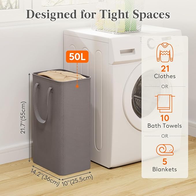 Lifewit 50L Slim Laundry Hamper, Narrow Small Laundry Basket with Handle for Dirty Clothes, Collapsible Tall Thin Laundry Bin for Bathroom Bedroom Dorm College, Grey