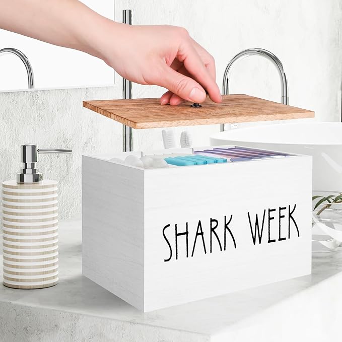 Tampon Holder for Bathroom,Feminine Product Organizer with Lid,Shark Week Tampon Storage Pad and Lady Stuff Box Tampon Organizer for Bathroom (White)