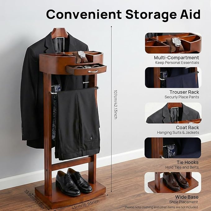 Wood Suit Rack for Men and Women, Freestanding Clothing Valet Stand with Drawer, Shoe Shelf and Hanging Suit, Valet Stands Coat Rack Suit Valet for Entryway Office Living Room (Brown)