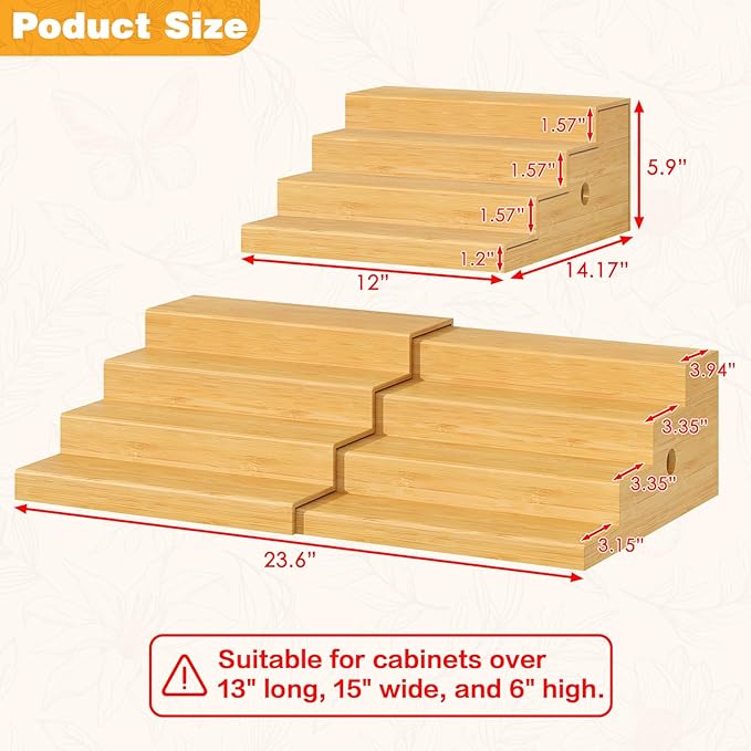 Expandable Bamboo Can Storage Rack, 4 Tier Adjustable Can Organizer for Pantry Holds Up to 32 Cans, Soda Can Dispenser, Canned Food Storage Display Shelf for Cabinet & Countertop (Patent Pending)