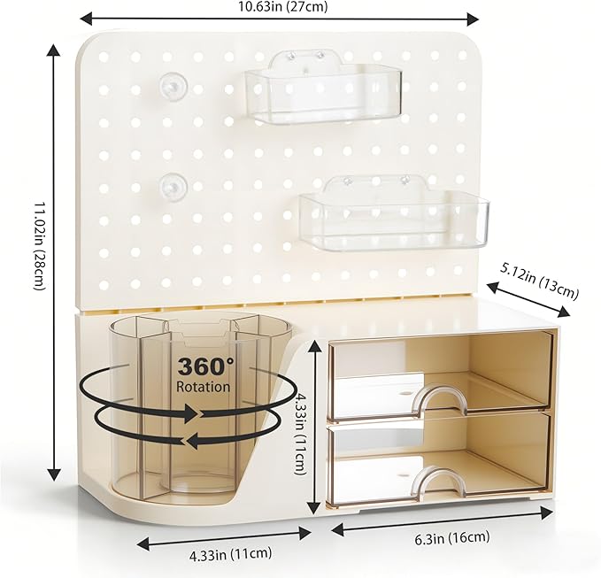 Comix Desk Organizer with 2 Drawer, Multifunctional Pen Holder for Desk, Desktop Organizer with Pegboard + Drawer + 5 Slots Pencil Holder for Office Home Art Supplies (White)