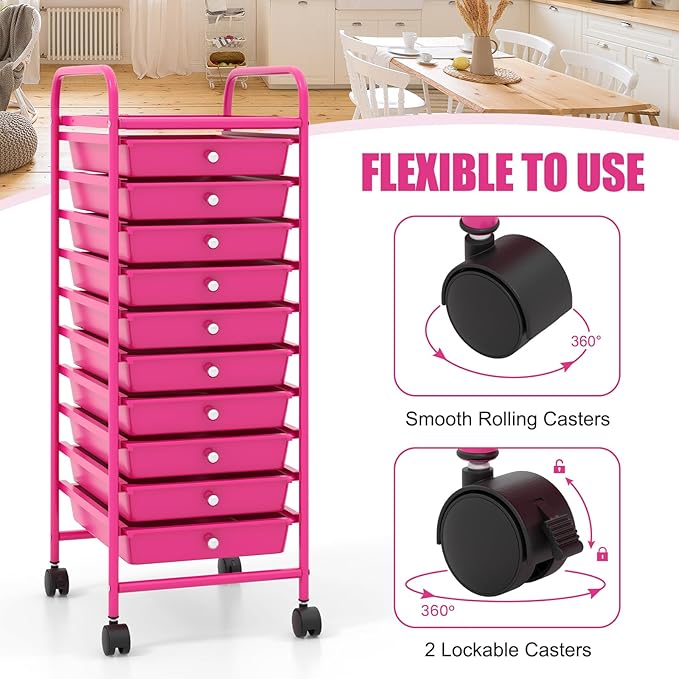 COSTWAY 10-Drawer Rolling Storage Cart, Utility Mobile Trolley with Removable Drawers & Universal Casters & 2 Brakes, Versatile Flexible Drawer Organizer Cart for Home, Office, Hot Pink