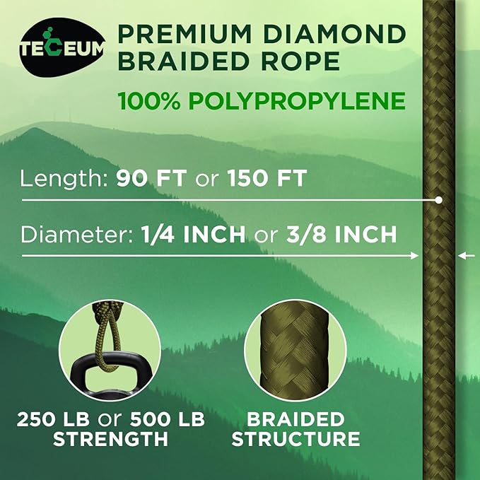 TECEUM Rope – 90 Feet x 3/8 Inch (10mm) – Army Green – Strong All-Purpose Utility Rope – Camping, Crafting, Flag Pole, Indoor & Outdoor – Polypropylene Nylon Poly Lightweight Diamond Braided Cord