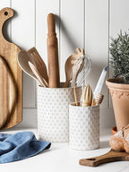 LE TAUCI Utensil Holder for Kitchen Counter - 7.1"+5.4" Ceramic Kitchen Utensil Holder Set of 2, Large Cooking Utensil Crock & Organizer for Spatula, Spoon - Embossed Kitchen Decor, White,Clover