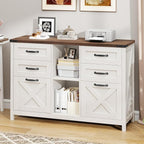 Lateral File Cabinet with 6 Drawers, Farmhouse Filing Cabinet for Letter/A4 Size, Wood File Storage Cabinets Printer Stand with Open Storage Adjustable Shelf for Home Office Cabinets, White and Brown