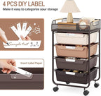 Rolling Cart with 4 Drawers,4 Tiers Rolling Utility Cart Craft Cart,Rolling Storage Drawer Cart with Mesh Top,Storage Cart with Drawers & 4 PCS DIY Lable, Brown