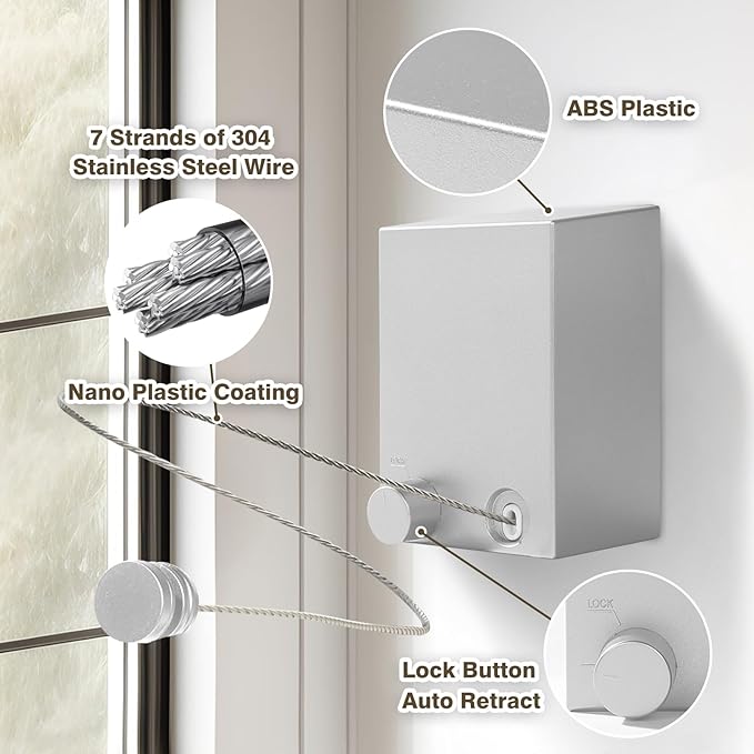 Retractable Clothesline, Retractable Clothesline Indoor, Laundry Line Retractable, Not Sagging, Suitable for Balconies, Courtyards, Laundry Rooms, RVs, Yachts, etc
