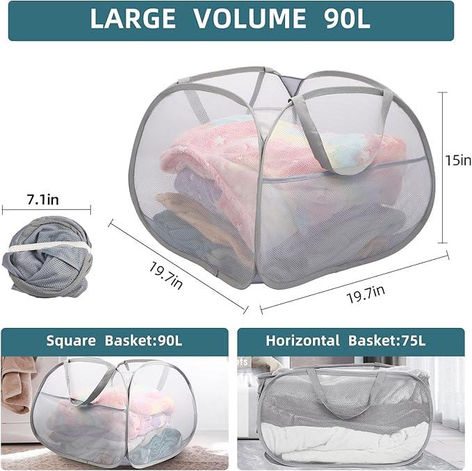 2 Pack Collapsible Laundry Baskets, 90L Large Foldable Laundry Basket, Durable Mesh Pop Up Hampers for Laundry, Dirty Clothes Laundry Hamper for Bedroom, Bathroom, Dorm, Laundry Room, Travel Grey