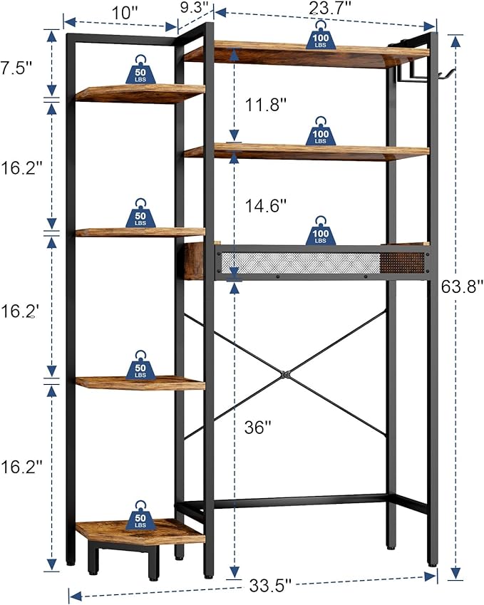 K1 Heavy Duty 7-Tier Over The Toilet Storage（With Basket and Paper Hook）Freestanding Above Toilet Shelf with Adjustable Feet，Space Saver Bathroom Shelves 9.3"D x 33.5"W x 63.8"H，Rustic Brown