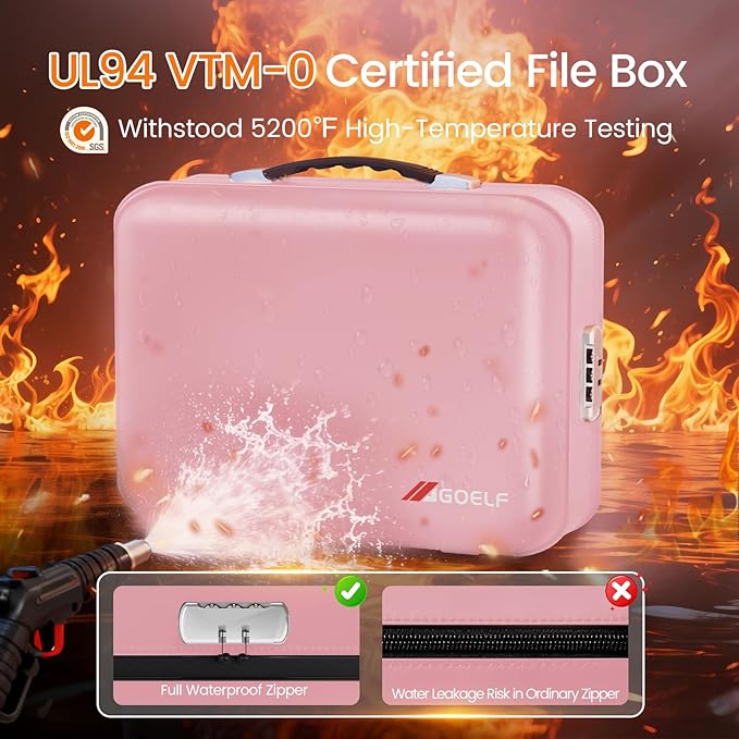 Fireproof Document Box with Lock, 5200°F Fireproof Water Resistant Hard Case File Organizer Safe Box for Important Documents, Certificates, Laptop, Passports (Pink)