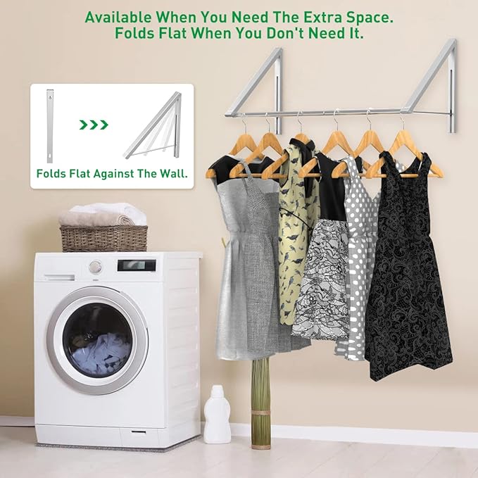 Laundry Room Drying Rack Wall Mounted Clothes Hanger Folding Wall Coat Racks Aluminum Home Storage Organiser Space Savers Silver 2 Rakcs with Rod