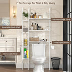 7-Tier Over the Toilet Storage Rack, Heavy-Duty Metal Bathroom Organizer with Adjustable Shelf, Toilet Paper Holder & Side Hooks, Space Saver for Small Bathrooms, Laundry Room & Apartments, White