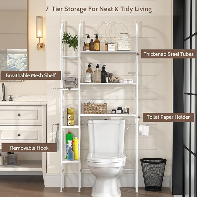 7-Tier Over the Toilet Storage Rack, Heavy-Duty Metal Bathroom Organizer with Adjustable Shelf, Toilet Paper Holder & Side Hooks, Space Saver for Small Bathrooms, Laundry Room & Apartments, White
