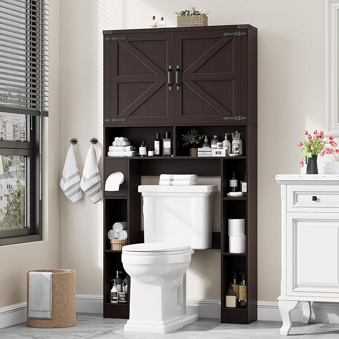 Vabches Over The Toilet Storage Cabinet, Farmhouse Storage Cabinet Over Toilet with 2 Barn Doors ，Toilet Paper Holder Stand，Home Space-Saving Toilet Rack, for Laundry, Restroom, Bathroom(Walnut)