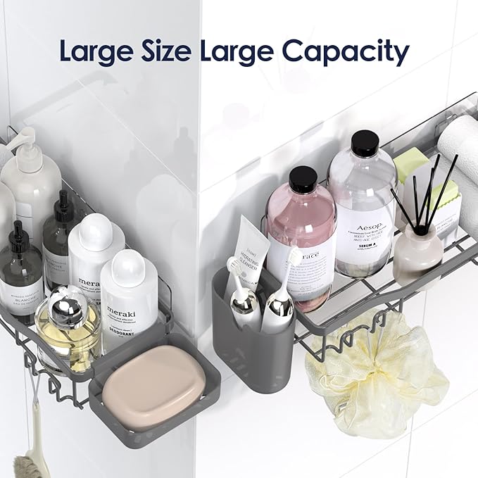 Shower Caddy Adhesive Shower Organizer 7-Pack, Rustproof Stainless Steel Bathroom Shelves, Large Capacity No-Drill Rack Storage Accessories with Soap Dish Toothbrush Holder Hooks