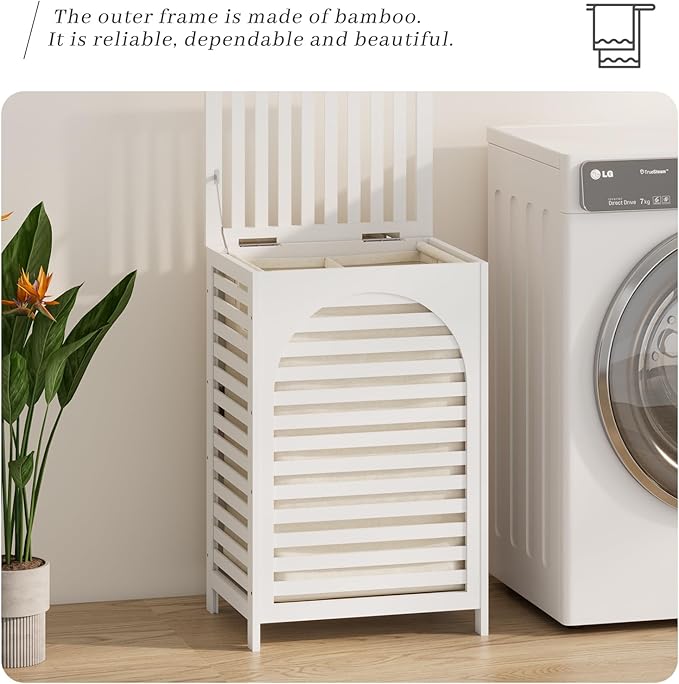 Laundry Hamper with Lid,Bamboo Large Waterproof Clothes Laundry Basket,Removable Washing Bags with Handles,clothes basket (White)
