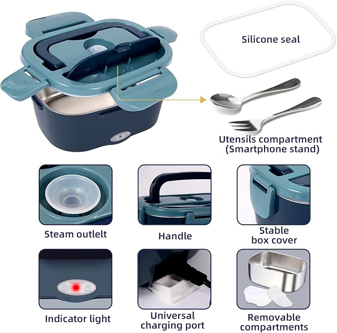 Electric Lunch Box, 12V/24V/110V Portable Food Warmer with SS Fork & Spoon for Car/Truck/Office, 80W Self Heating Lunch Box with 1.5L 304 Stainless Steel Container & 0.45L PP Fruit Box Blue
