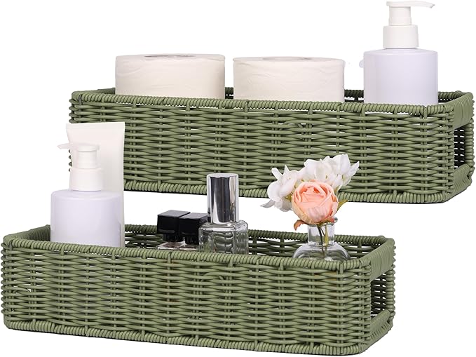 Small Resin Wicker Basket: Waterproof Sage Green Vanity Organizer 2-Pack for Modern Minimalist Decor