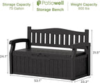 Patiowell 75 Gallon Plastic Storage Bench, Water-Resistant Deck Box for Patio Furniture, Garden Tools, Pool Storage and Outdoor Cushions, Black