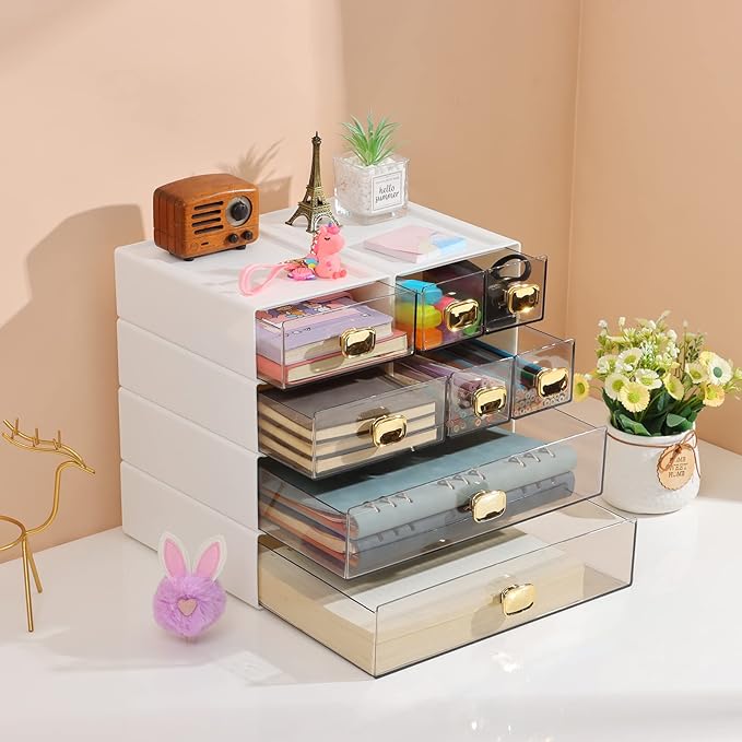 Spacious Desktop Storage Box, 1 Large 1 Middle & 2 Small Storage Drawers, Stackable Office Desk Drawer Organizer and Accessories, Printer Paper Organizer, White Plastic Drawers for Workspace