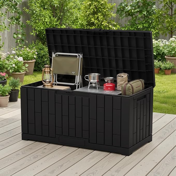 DUMOS 60 Gallon Deck Box, UV Resistant Waterproof Storage Bin for Patio Cushions Gardening Tools, Lockable Resin Outdoor Storage Box with Hundles, Black