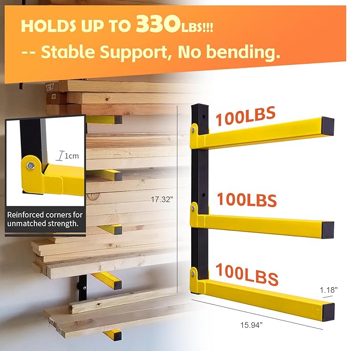 Wood Organizer Lumber Storage Rack Wall Mount - Heavy Duty Metal Cantilever Shelves With 3-Level Holds Up 600 Lbs,Indoor & Outdoor Wood Storage Racks For Garage Woodshops Workshops - 4 Pack,Yellow