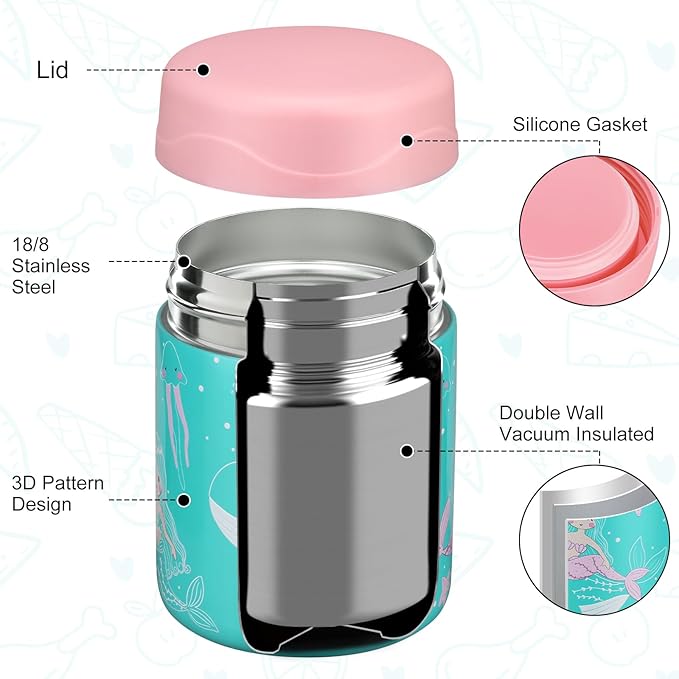 12oz Soup Thermo for Hot Food Kids Insulated Food Jar Wide Mouth Lunch Container Leak Proof Stainless Steel Vacuum Bento Box for School Office Travel Outdoors Green-Mermaid